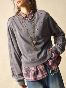 Bohemela BOHO 休闲纯色针织圆领古铜铆钉贴片长袖宽松水洗女式卫衣，秋冬 - 灰色 - 查看 3