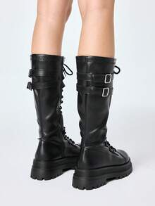 ROMWE Goth Women's Knee-High Boots Fashionable Lace-Up Thick-Soled Chunky Heel Women's Boots For Christmas