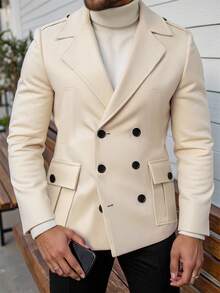 Manfinity Homme 男士长袖绅士休闲纯色翻领双排扣翻盖口袋双排扣大衣，复古风格，秋冬款 - 杏色 - 查看 1