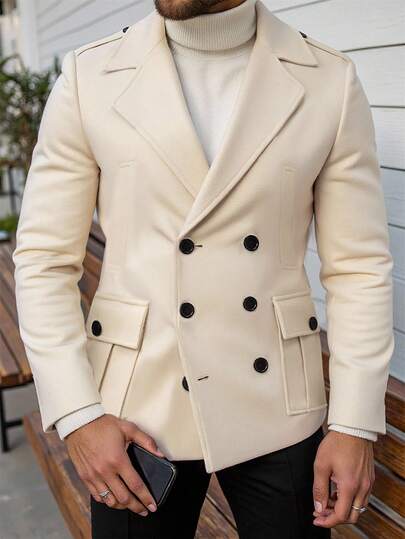 Manfinity Homme Men's Gentleman Casual Solid Color Lapel Collar Double Breasted Flap Pockets Double Breasted Overcoat, Old Money , Fall Winter