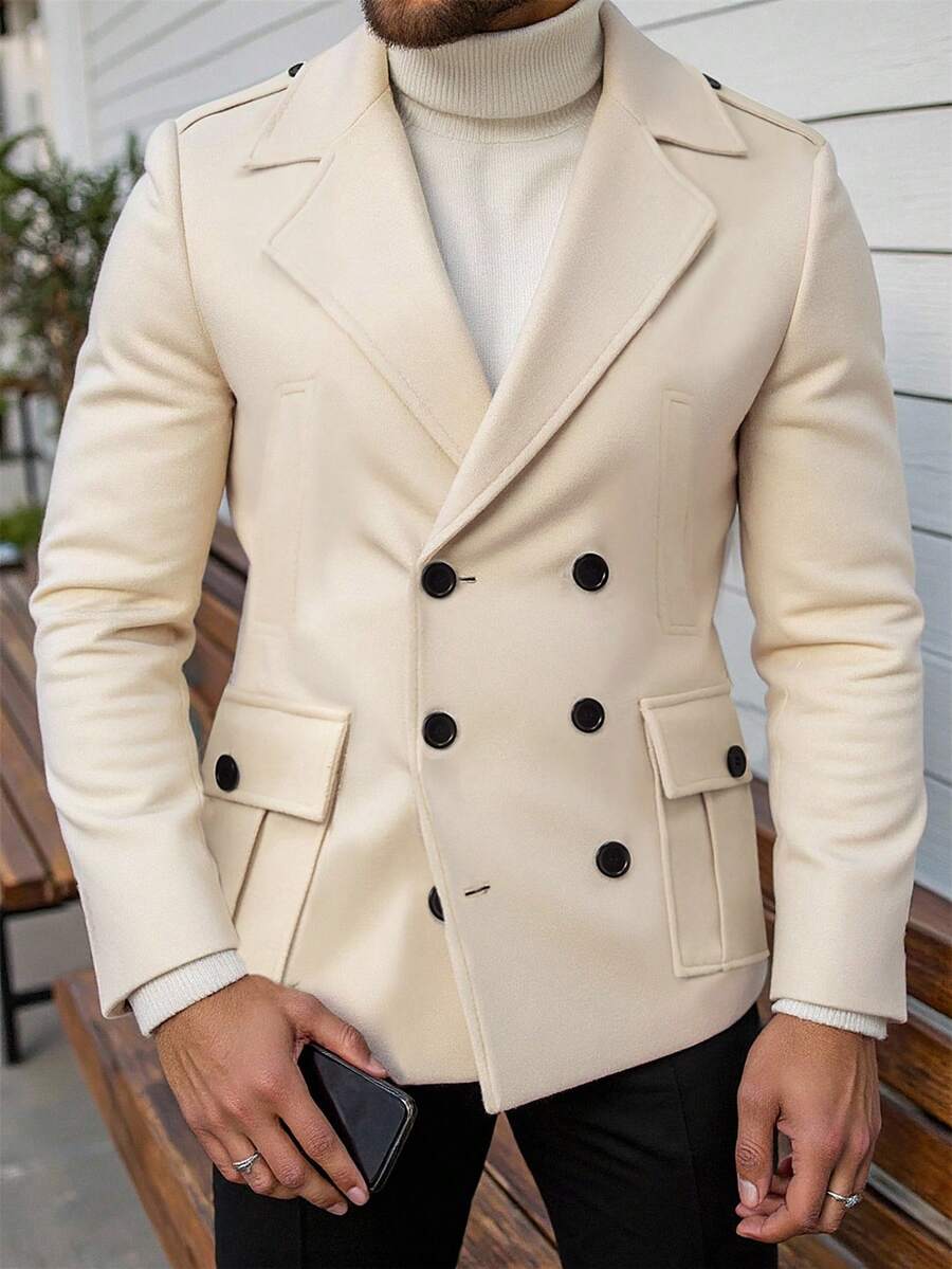 Manfinity Homme 男士长袖绅士休闲纯色翻领双排扣翻盖口袋双排扣大衣，复古风格，秋冬款 - 杏色 - 查看 1