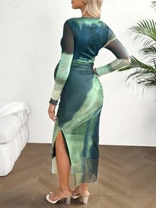 Cheriluna Maternity Pregnant Women's Long Sleeve Round Neck Mesh Contrast Dress, Casual & Holiday For Maternity - Multicolor - View 2