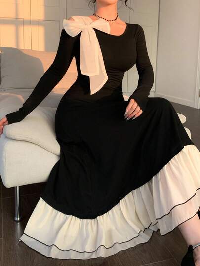 DAZY Vestido largo y elegante ajustado para mujer con detalles de contraste de color, hombros descubiertos y lazo con nudo