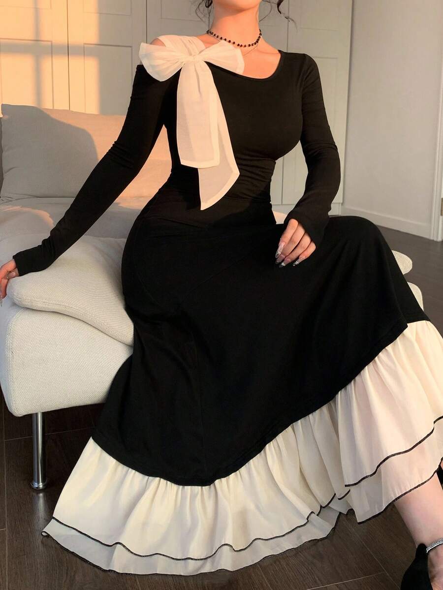 DAZY Women's Elegant Long Fitted Dress With Contrast Color, Off-Shoulder, Tie-Up Bow Detail - Black - View 1