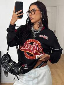 Coolane 女士秋季街头服饰节外出男友运动休闲图案撞色黑红宽松运动衫 - 彩色 - 查看 3