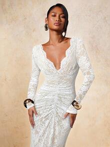 COSMINA Women's Elegant Lace Ruched Dress - White - View 1