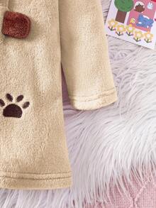 SHEIN Korean Style Casual Minimalist Baby Girls' Hooded Cartoon Bear Embroidered Fleece Long Dress, Winter Fall - Apricot - View 5