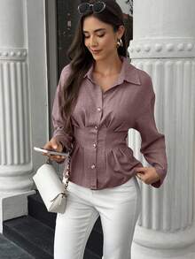 EMERY ROSE Women's Casual Front Button Waist Shirt - Mauve Purple - View 5