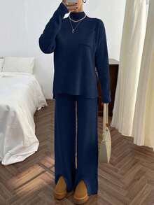 SHEIN Cottnline Rib Pattern Pocket Pullover Pant Knit Set - Navy Blue - View 8