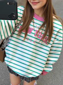 SHEIN Tween Girl Casual Minimalist Printed Pattern Loose Fit Crew Neck Long Sleeve Hoodie Sweatshirt,In Fall/Winter - Green - View 4