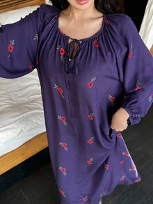 DAZY Floral Print Drawstring Waist Loose Long Women Nightgown, Fall Pajama, Winter, Moo Moo Night Dress - Purple - View 7