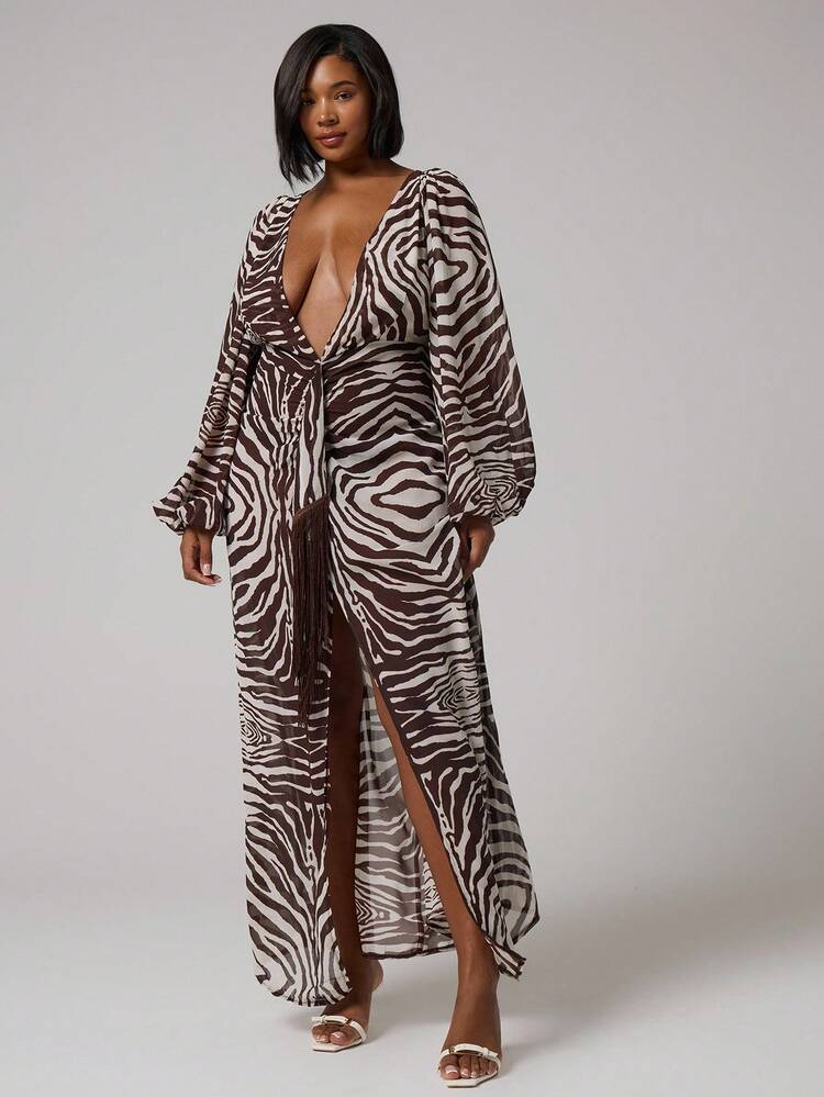 MUSERA Şifon Zebra Desenli, Aşırı Dekolteli, Uzun Kollu, Uzun