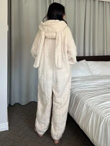 DAZY 女士毛绒连帽兔耳连体睡衣，秋冬款 - 米色 - 查看 2