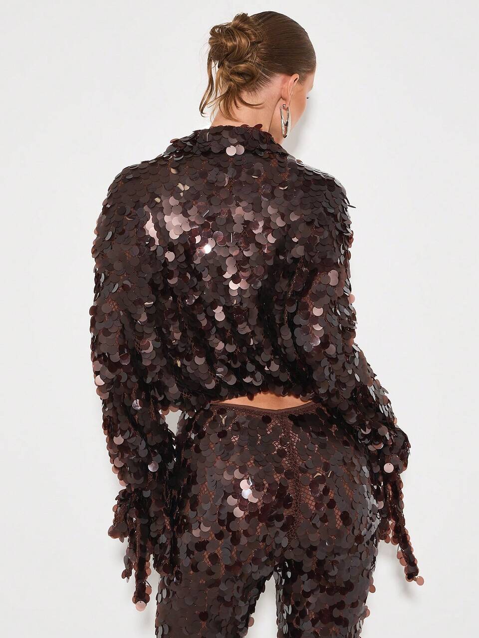 Sequin Twist Front Long Sleeve Blouse Cropped Party Top Holiday Evening Sparkle Jacket