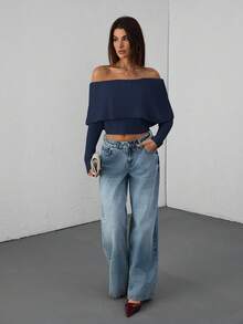 EURMUSE Casual Off Shoulder Bardot Ruffle Neckline Long Sleeve Sweater - Navy Blue - View 3
