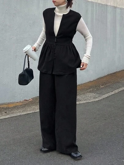 FRIFUL 女式纯黑色收腰上衣，褶饰细节，搭配修身直筒裤，休闲两件套，秋季