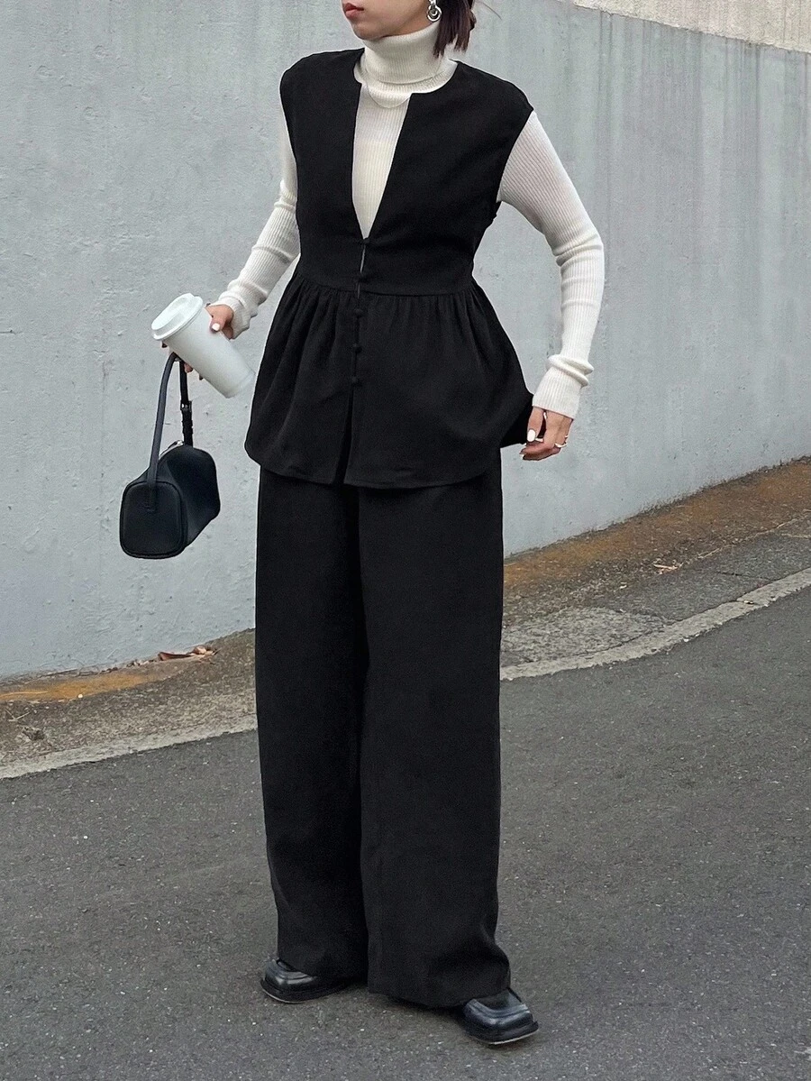 FRIFUL 女式纯黑色收腰上衣，褶饰细节，搭配修身直筒裤，休闲两件套，秋季 - 黑色 - 查看 1