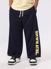 SUMWON Toddler Boys Varsity Number Two Piece Summer Cotton Coordinate Set With Casual T-Shirt And Wide Leg Sweatpants Loungewear Play Outfit