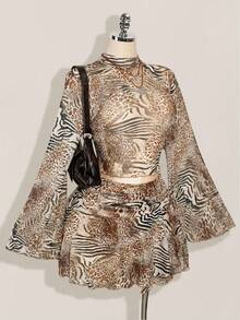 SHEIN ICON Áo cánh tay loe họa tiết da báo cỡ lớn dành cho nữ trong lễ hội âm nhạc, váy ngắn chữ A xẻ tà họa tiết da báo, thích hợp cho tiệc tùng, hẹn hò, dạo phố, kỳ nghỉ thành phố, lễ hội âm nhạc, bãi biển vào mùa hè - màu nâu - Xem 3