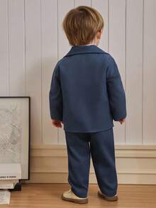 Souflis Souflis French Retro Baby Boy 2-Piece Set, White Polka Dot Long Sleeve Shirt With Bow Tie, Paired With Hazy Blue Suit, Stylish And Versatile For Birthday, Party, And Various Occasions Fall Winter