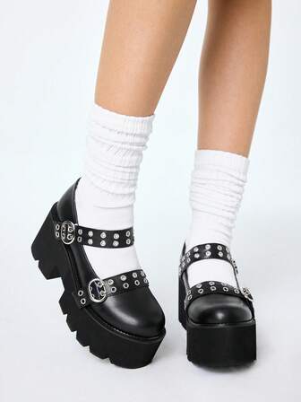 Grunge Punk Mocasines de moda con cuña y plataforma de punta redonda para mujer