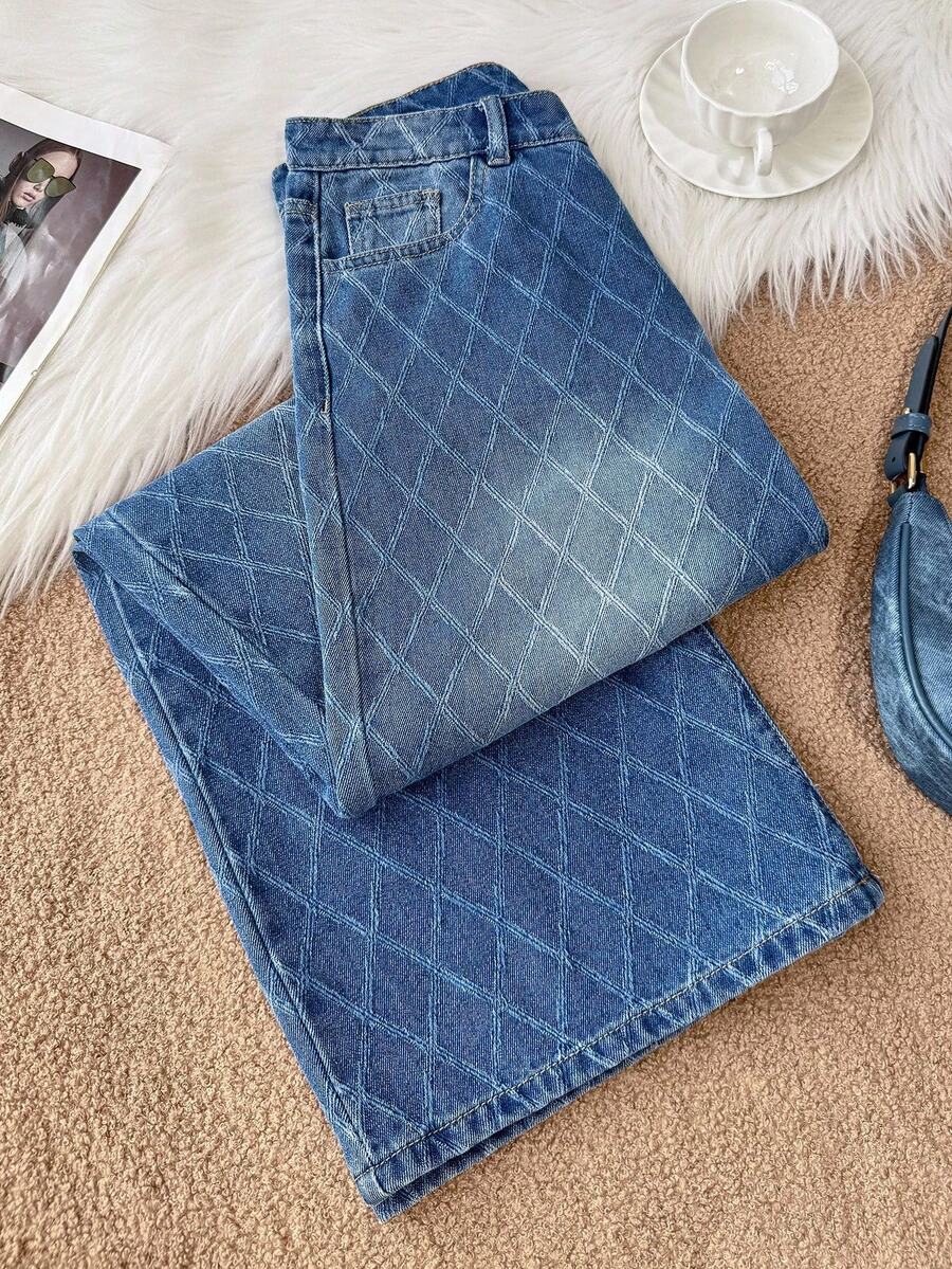 Comfortcana Jeans amples et décontractés à jambes larges avec poches et motif à carreaux pour femmes