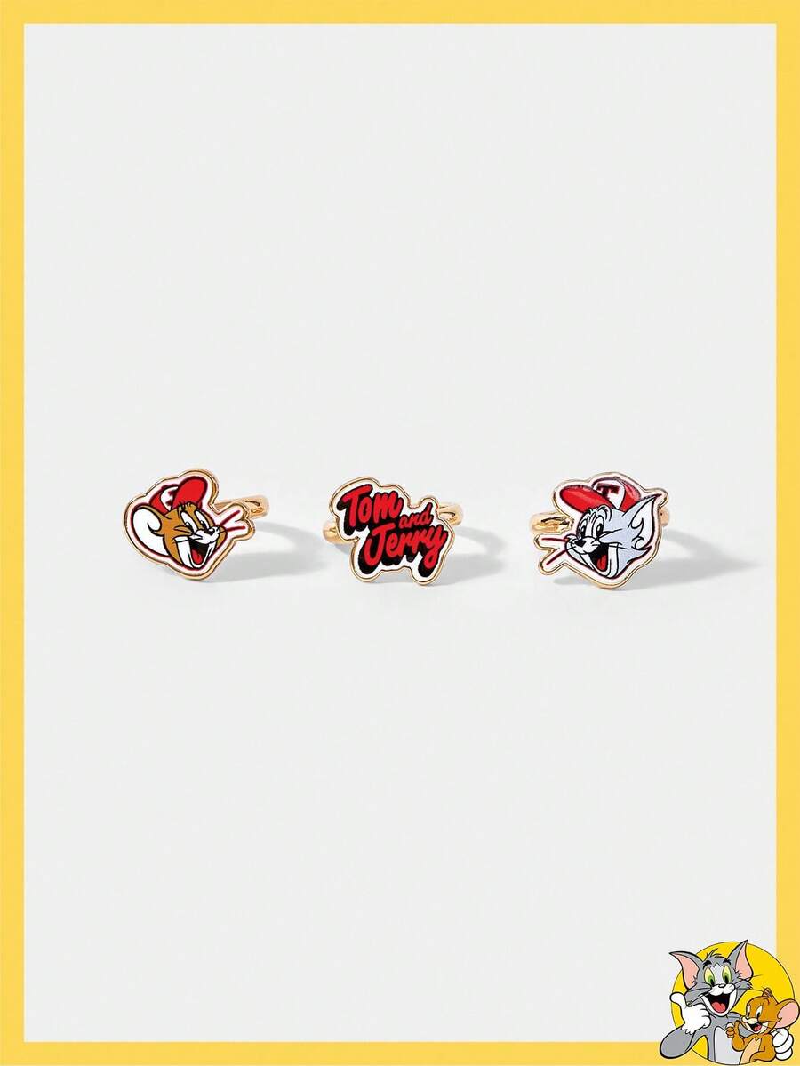TOM & JERRY X SHEIN 3pcs Fashionable Cartoon Pattern Cute Ring - Gold - View 1