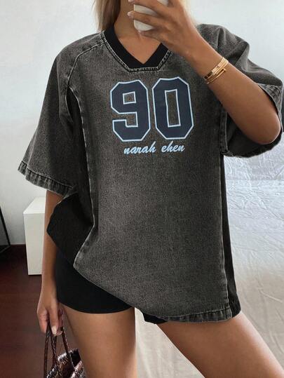 DAZY 女士 V 领撞色字母宽松牛仔短袖 T 恤