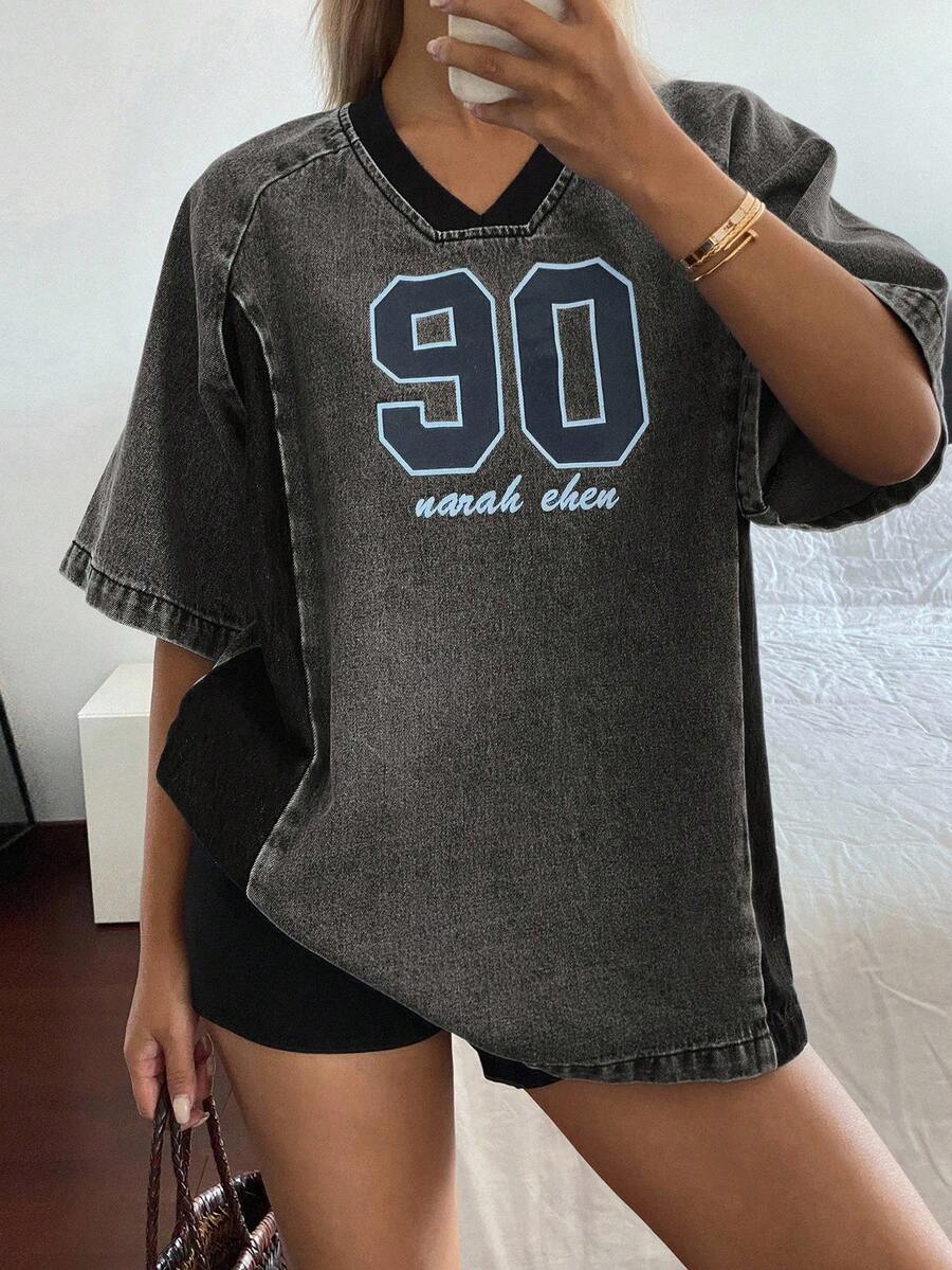 DAZY Women V-Neck Contrasting Color Letter Loose Denim Short Sleeve Tee - Grey - View 1