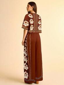 2pcs/Set Women Printed T-Shirt And Wide Leg Pants - Brown - View 2