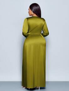 SOLERSUN Vestido de satén ajustado con drapeado lateral de unicolor elegante para mujer, adecuado para citas, fiestas y atuendos de mujer maxi - Verde Oliva - Ver 2