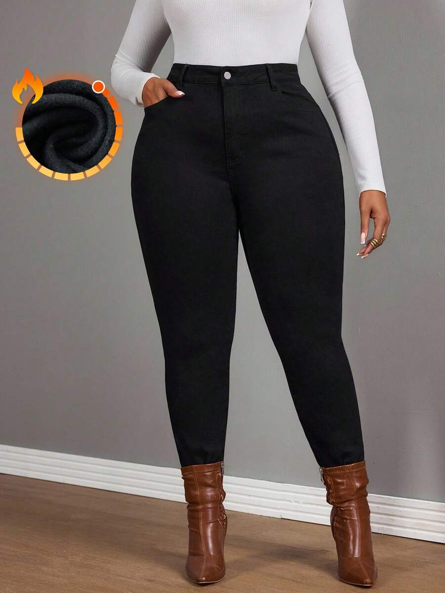 SHEIN SXY Winter Plus Size Dark Wash Denim Cat Claw Print Skinny Jeans - Black - View 1
