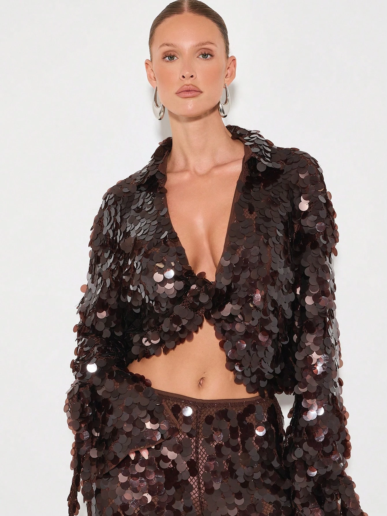 KIZN Sequin Twist Front Long Sleeve Blouse