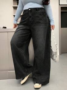 Dazy Plus Quần jean ống rộng dài, dáng rộng, giặt cũ, lót nhiệt, size lớn cho nữ, thời trang thu đông - màu đen - Xem 7