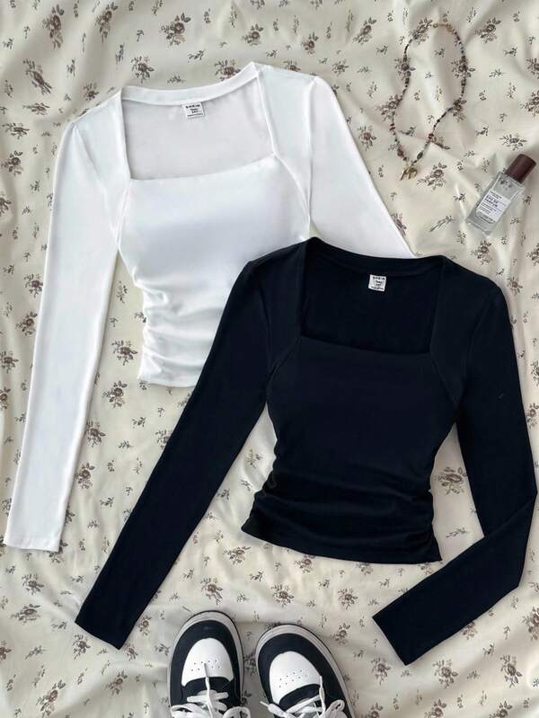 Conjunto de 2 camisetas de manga larga con cuello redondo, cintura acanalada y fruncido para adolescentes, en negro y blanco