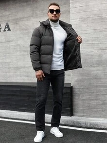 Manfinity CasualCool Giacca a vento con cappuccio, manica lunga, chiusura lampo, casual e calda per uomo, giacca invernale da uomo per l'autunno - Grigio Scuro - Visualizzare 7