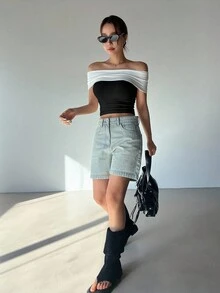 DAZY Women's Summer Color Block Off Shoulder Tight T-Shirt,Crop Tops Women Going Out Tops - Black - View 4