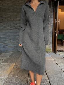 DAZY 女士宽松休闲直筒针织毛衣裙，秋冬 - 灰色 - 查看 3