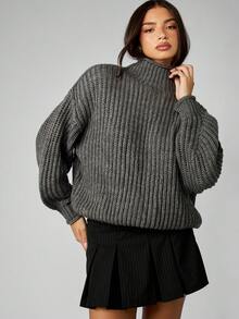 MISSGUIDED Chunky Cable Knit Turtleneck Sweater Oversized Fall Winter Pullover - Dark Grey - View 3