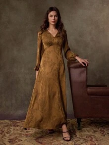 Lilora Elegant Satin Jacquard Deep V-Neck Waist Cinched Long Sleeve Women's Long Dress,Dresses For Women Elegant