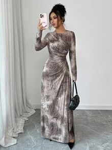 SHEIN Elenzya 25-30+ 休闲派对百褶扎染印花长裙，纹理面料，圆领，秋季 - 棕色 - 查看 1