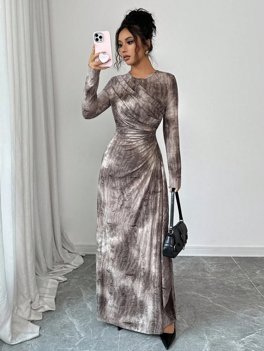 SHEIN Elenzya 25-30+ 休闲派对百褶扎染印花长裙，纹理面料，圆领，秋季 - 棕色 - 查看 1