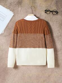 1 件休闲青少年男孩毛衣，三色拼接，厚针织，圆领，常规版型长袖，舒适厚度，独特颜色组合，宽松套头毛衣，适合日常穿着和外出，秋冬必备