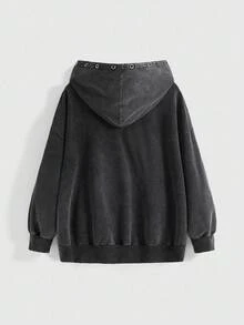 ROMWE Grunge Punk Grunge-Punk 复古做旧星形回形针设计超大款纹理卫衣，休闲套头衫，适合大码女装，日常穿着、音乐节、派对、秋冬季节皆宜。 - 黑色 - 查看 2