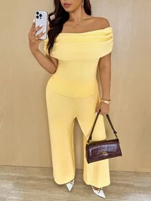 Vionelle Plus Size Women French Style Knit Casual Off-Shoulder Top And Pants Set, Elegant And Versatile, Autumn/Winter Fall - Yellow - View 7