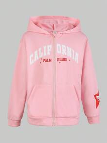 SHEIN Explorewe Oversized Teens Girls' Street Style American College Letter Print Loose Fit Zip-Up Hoodie Jacket, Featuring Distinctive English Letter Graphic Design, Relaxed Fit Allows Easy Movement, Versatile For Daily School, Hangout, Vacation, Sports, Party Wear In Autumn/Winter - Pink - View 1