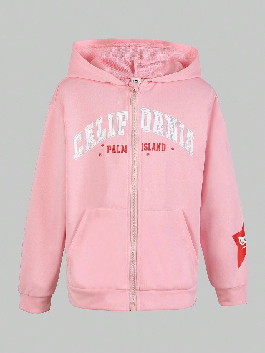 SHEIN Explorewe Oversized Teens Girls' Street Style American College Letter Print Loose Fit Zip-Up Hoodie Jacket, Featuring Distinctive English Letter Graphic Design, Relaxed Fit Allows Easy Movement, Versatile For Daily School, Hangout, Vacation, Sports, Party Wear In Autumn/Winter - Pink - View 1