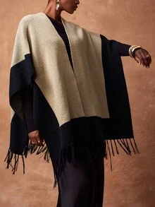 Zivah Black And Beige Autumn Elegant Club Women's Cape Style Woolen Tops,Asymmetrical Tassel Hemlines Elegant Set For Birthday Parties&Commuting,Versatile - Khaki - View 5