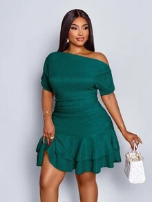 SOLERSUN Women's Elegant Party Daytime Apricot Knitted Asymmetrical Neck Neck Long Sleeves Gathered Double Ruffle Mini Dress