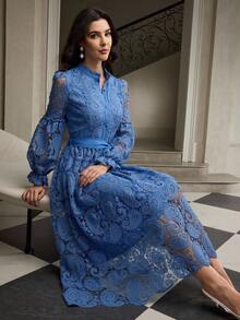ZEYLAH Women's Elegant Solid Color Lace Midi Dress - Blue - View 2